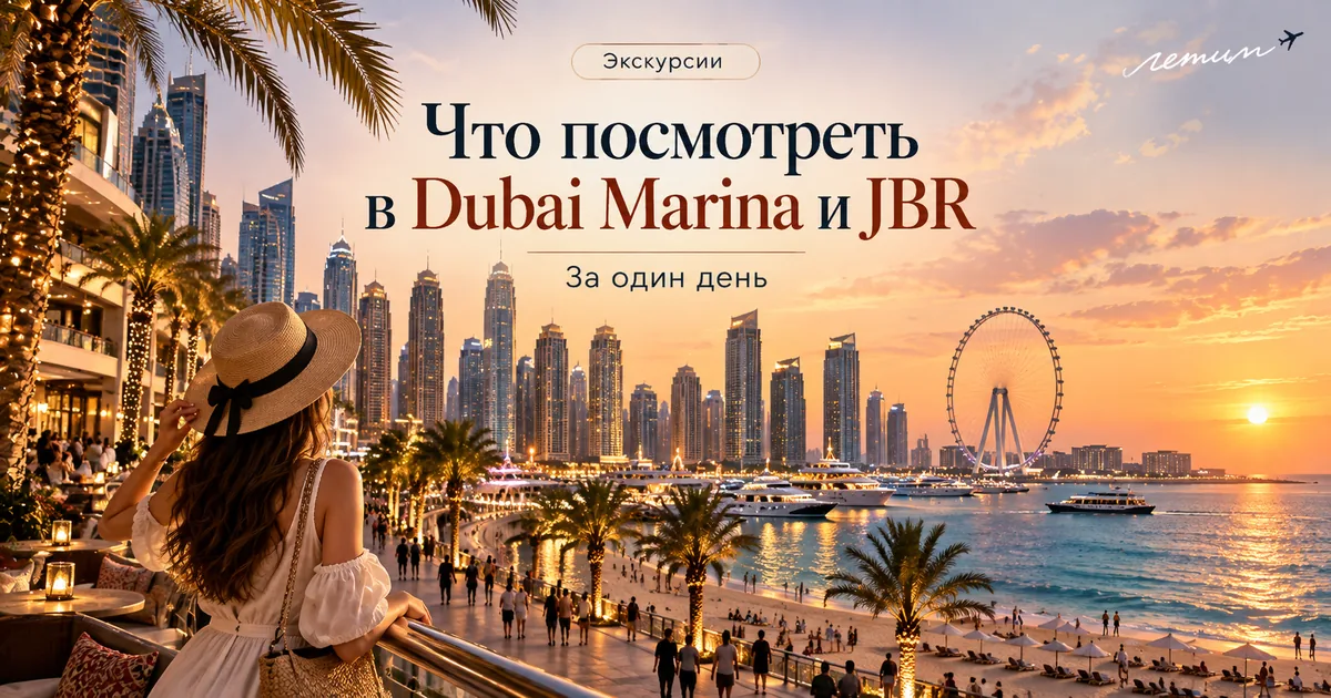 Иллюстрация Dubai Marina с небоскрёбами и яхтами