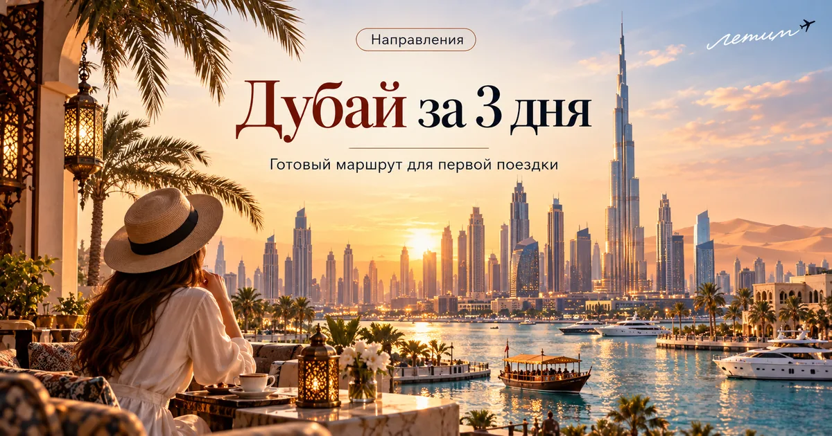 Иллюстрация Дубая с небоскрёбами, водой и пустыней