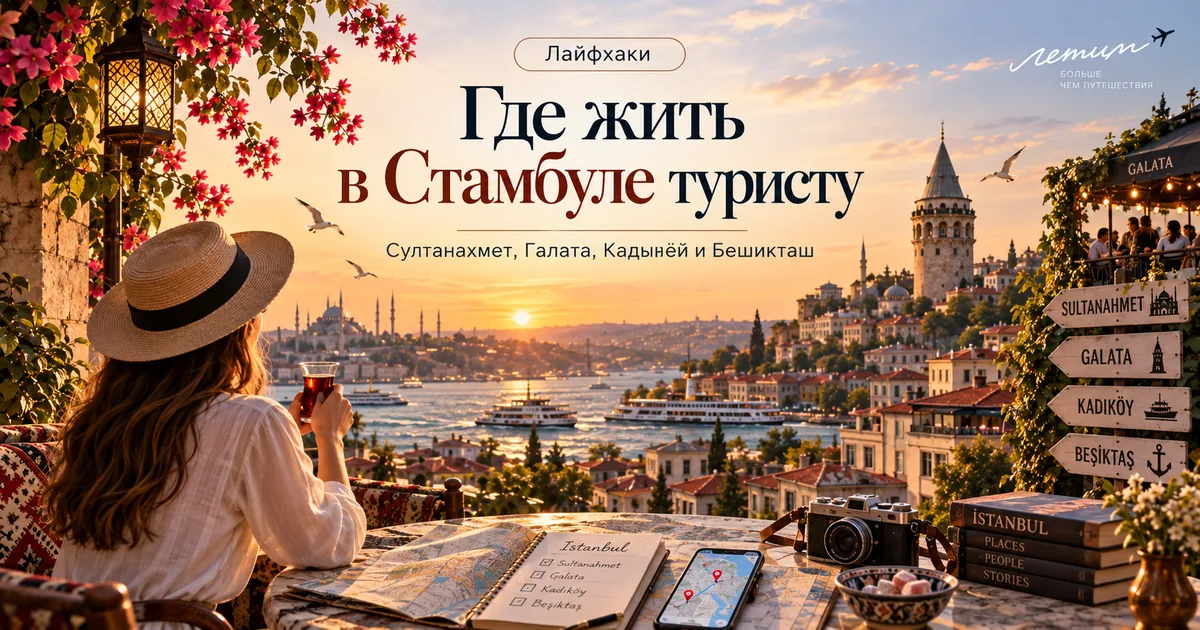 Стамбул на закате с Босфором, картой районов и Галатской башней