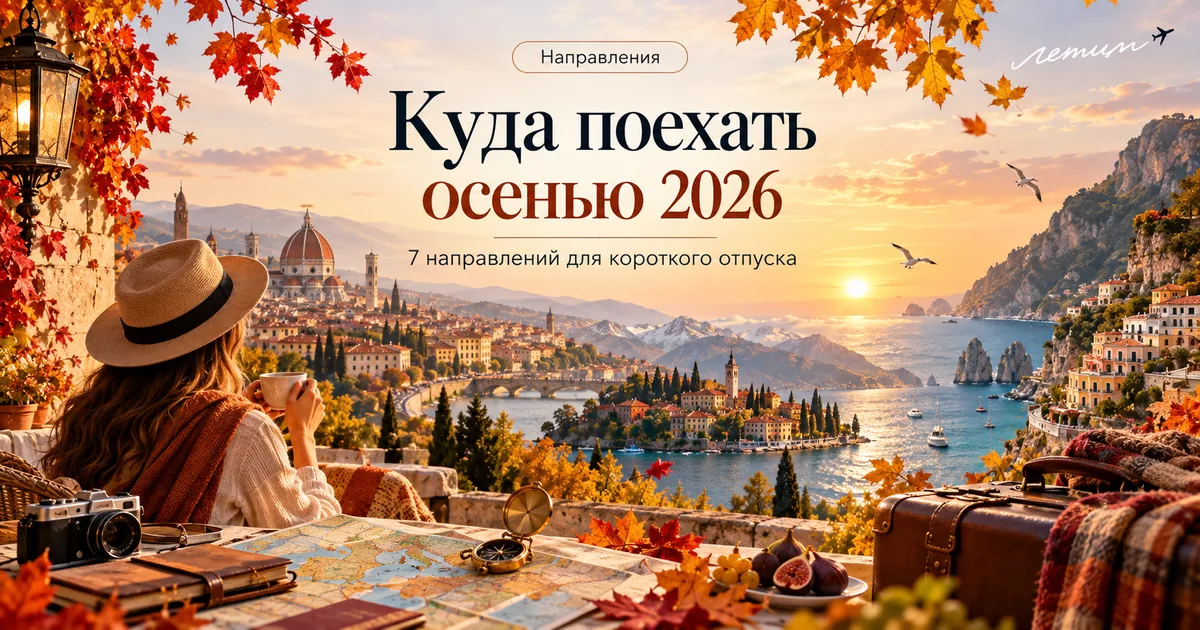 Иллюстрация осенних направлений с самолётом, морем и городами
