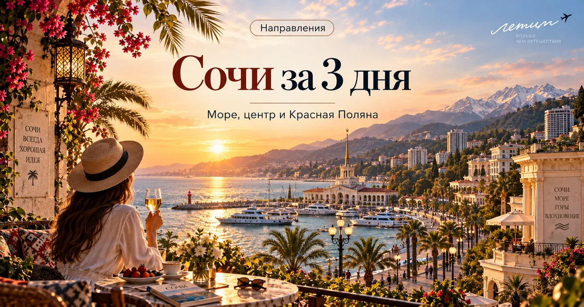 Сочи на закате с морским портом, пальмами и Кавказскими горами